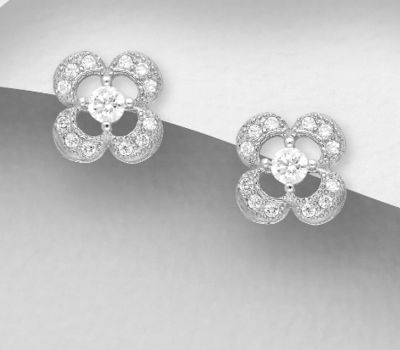 925 Sterling Silver Push-Back Earrings, Decorated with CZ Simulated Diamonds