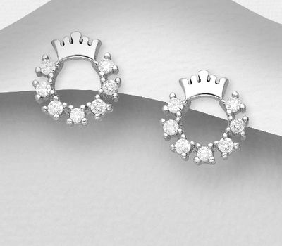 925 Sterling Silver Crown Push-Back Earrings, Decorated with CZ Simulated Diamonds