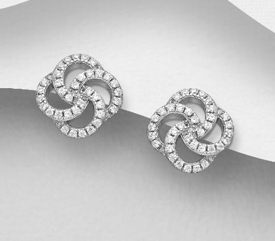 925 Sterling Silver Push-Back Earrings, Decorated with CZ Simulated Diamonds