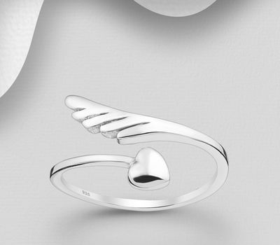 925 Sterling Silver Adjustable Heart and Wing Ring