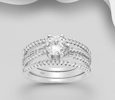 925 Sterling Silver Three Pieces Stack Ring, Decorated with CZ Simulated Diamonds