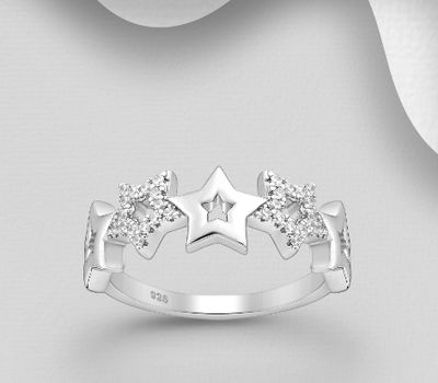 925 Sterling Silver Star Ring, Decorated with CZ Simulated Diamonds