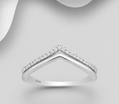 925 Sterling Silver Chevron Ring Decorated with CZ Simulated Diamonds