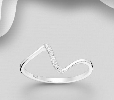 925 Sterling Silver Zigzag Ring, Decorated with CZ Simulated Diamonds