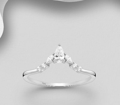 925 Sterling Silver Chevron Ring, Decorated with CZ Simulated Diamonds