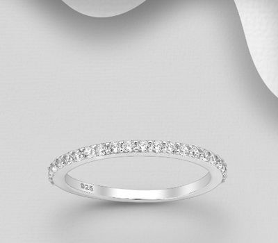 925 Sterling Silver Band Ring, Decorated with CZ Simulated Diamonds, 2 mm Wide