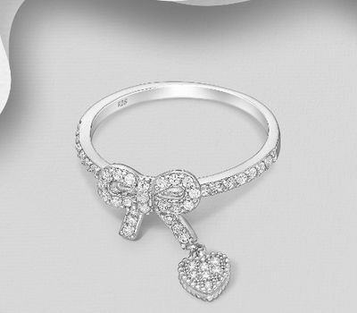 925 Sterling Silver Bow and Heart Ring, Decorated with CZ Simulated Diamonds
