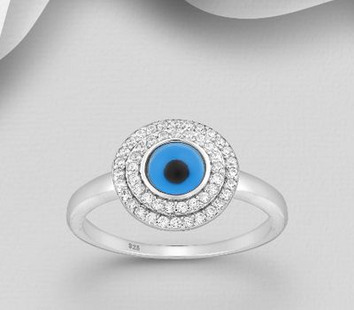925 Sterling Silver Evil Eye Ring, Decorated with Colored Enamel and CZ Simulated Diamonds