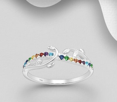 925 Sterling Silver Branch and Leaf Ring Decorated with CZ Simulated Diamonds, CZ Simulated Diamond Colors may Vary.