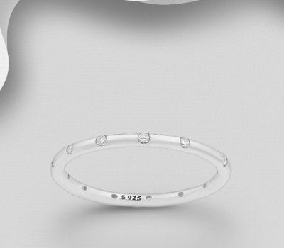Şəkli böyütmək üçün tiklayın 925 Sterling Silver Band Ring, Decorated with CZ Simulated Diamonds, 2 mm Wide