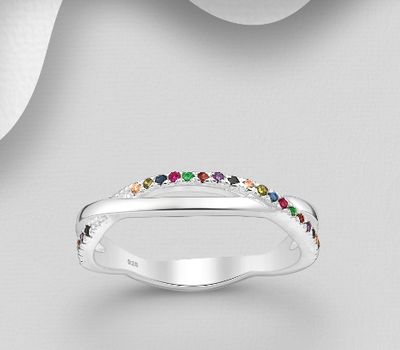 925 Sterling Silver Ring Decorated with Colorful CZ Simulated Diamonds, CZ Simulated Diamond Colors may Vary.
