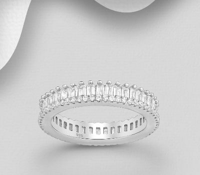 925 Sterling Silver Band Ring, Decorated with CZ Simulated Diamonds, 4 mm Wide