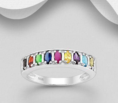 925 Sterling Silver Ring, Decorated with Colorful CZ Simulated Diamonds, CZ Simulated Diamond Colors may Vary.