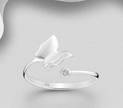 925 Sterling Silver Adjustable Butterfly Ring, Decorated with CZ Simulated Diamonds