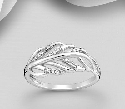 925 Sterling Silver Leaf Ring, Decorated with CZ Simulated Diamonds