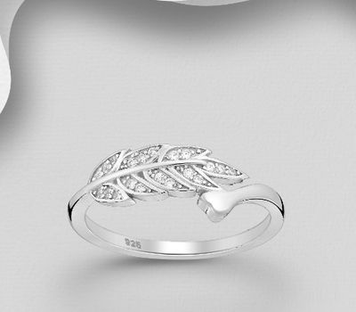 925 Sterling Silver Leaf Ring, Decorated with CZ Simulated Diamonds