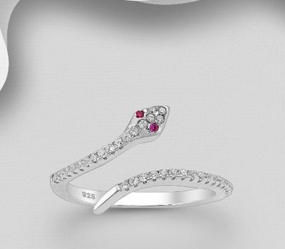 925 Sterling Silver Snake Ring, Decorated with White and Red CZ Simulated Diamonds