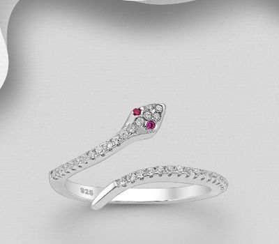 Şəkli böyütmək üçün tiklayın 925 Sterling Silver Snake Ring, Decorated with White and Red CZ Simulated Diamonds