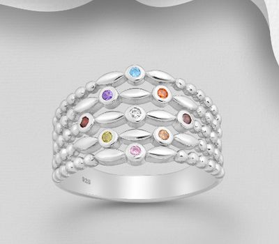 925 Sterling Silver Layered Ring, Decorated with Colorful CZ Simulated Diamonds, CZ Simulated Diamond Colors may Vary.