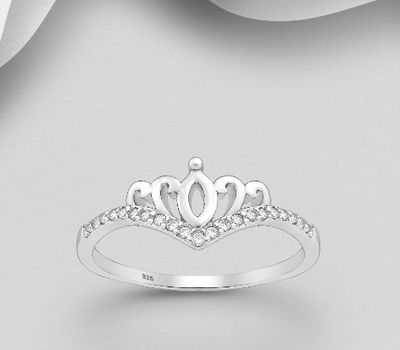 925 Sterling Silver Crown Chevron Ring, Decorated with CZ Simulated Diamonds