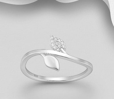 925 Sterling Silver Branch and Leaf Ring, Decorated with CZ Simulated Diamonds