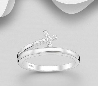 925 Sterling Silver Cross Ring, Decorated with CZ Simulated Diamonds