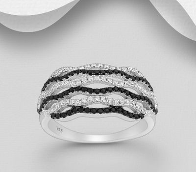 925 Sterling Silver Ring, Decorated with CZ Simulated Diamonds, Plated with Black Rhodium
