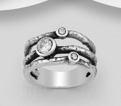 925 Sterling Silver Oxidized Ring Decorated with CZ Simulated Diamonds