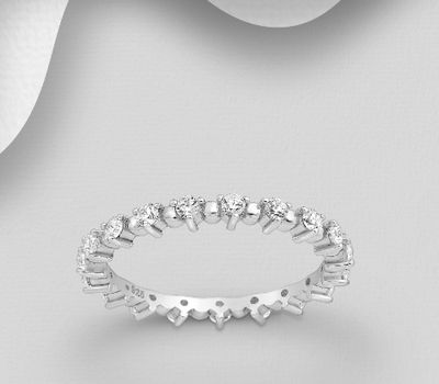 925 Sterling Silver Band Ring, Decorated with CZ Simulated Diamonds, 2 mm Wide