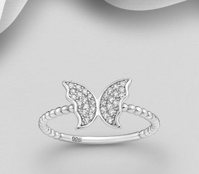 925 Sterling Silver Butterfly Ring, Decorated With CZ Simulated Diamonds