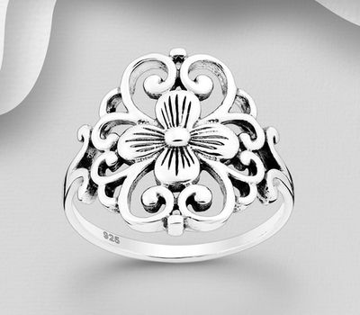 925 Sterling Silver Oxidized Flower Ring