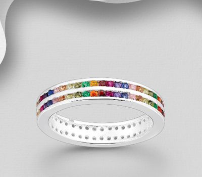 925 Sterling Silver Band Ring, Decorated with Colorful CZ Simulated Diamonds, 4 mm Wide, CZ Simulated Diamond Colors may Vary.