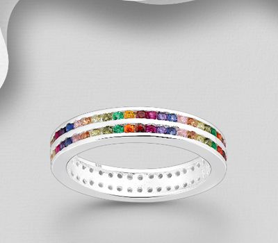 Malın səhifəsinə keç 925 Sterling Silver Band Ring, Decorated with Colorful CZ Simulated Diamonds, 4 mm Wide, CZ Simulated Diamond Colors may Vary.