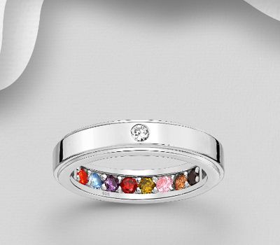 925 Sterling Silver Band Ring, Decorated with Colorful CZ Simulated Diamonds, 4 mm Wide, CZ Simulated Diamond Colors may Vary.