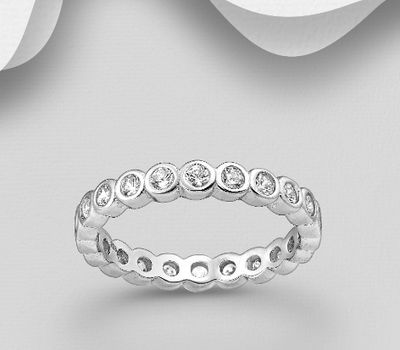 925 Sterling Silver Ball Band Ring, Decorated with CZ Simulated Diamonds, 3 mm Wide.