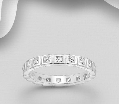 925 Sterling Silver Band Ring, Decorated with CZ Simulated Diamonds