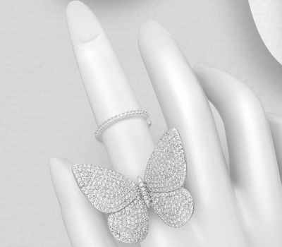 925 Sterling Silver Butterfly Ring, Decorated with CZ Simulated Diamonds