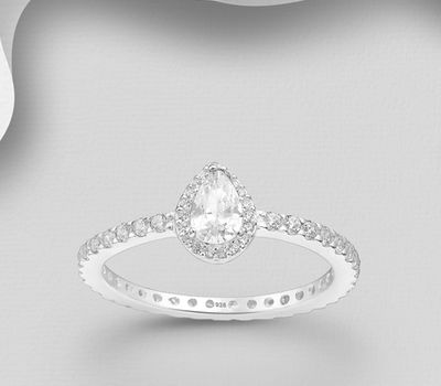 925 Sterling Silver Droplet Ring, Decorated with CZ Simulated Diamond
