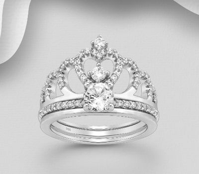 Set of 2 Sterling Silver Crown Ring, Decorated with CZ Simulated Diamonds.