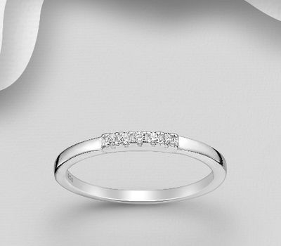 925 Sterling Silver Band Ring, Decorated with CZ Simulated Diamonds, 2 mm Wide.