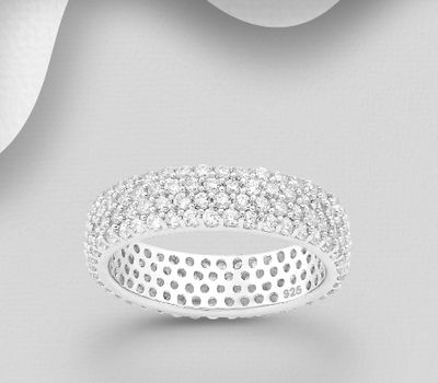 Şəkli böyütmək üçün tiklayın 925 Sterling Silver Band Ring, Decorated with CZ Simulated Diamonds, 6 mm Wide.