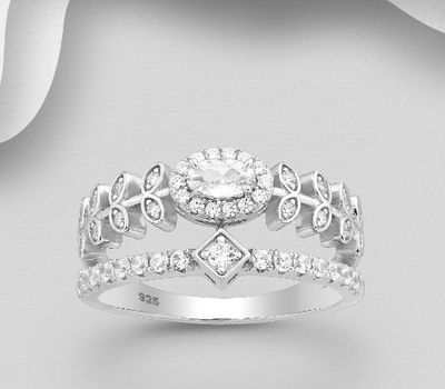 925 Sterling Silver Ring, Decorated with CZ Simulated Diamonds