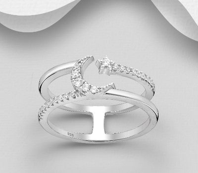 925 Sterling Silver Crescent Moon Ring, Featuring Star, Decorated with CZ Simulated Diamonds