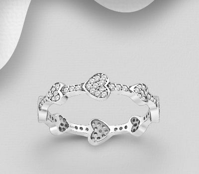 925 Sterling Silver Oxidized Heart Band Ring, Decorated with CZ Simulated Diamonds