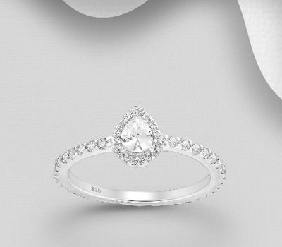 925 Sterling Silver Pear-Shape Ring, Decorated with CZ Simulated Diamonds