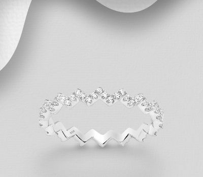 925 Sterling Silver ZigZag Ring, Decorated with CZ Simulated Diamonds