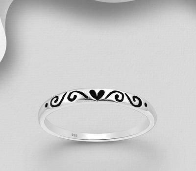 925 Sterling Silver Oxidized Heart and Swirl Ring