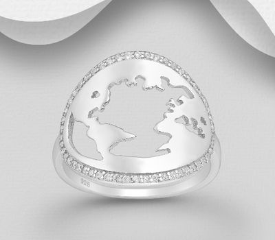 Şəkli böyütmək üçün tiklayın 925 Sterling Silver World's Map Ring Decorated with CZ Simulated Diamonds