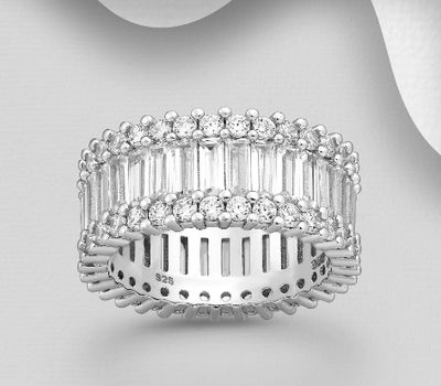 925 Sterling Silver Band Ring, Decorated with CZ Simulated Diamonds, 10 mm Wide.