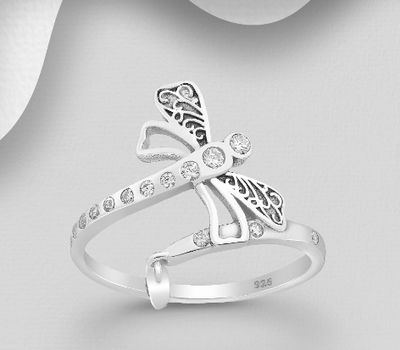 Malın səhifəsinə keç 925 Sterling Silver Oxidized Dragonfly Ring, Decorated with CZ Simulated Diamonds